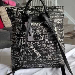 DKNY Black & White Graffiti Canvas Tote Backpack